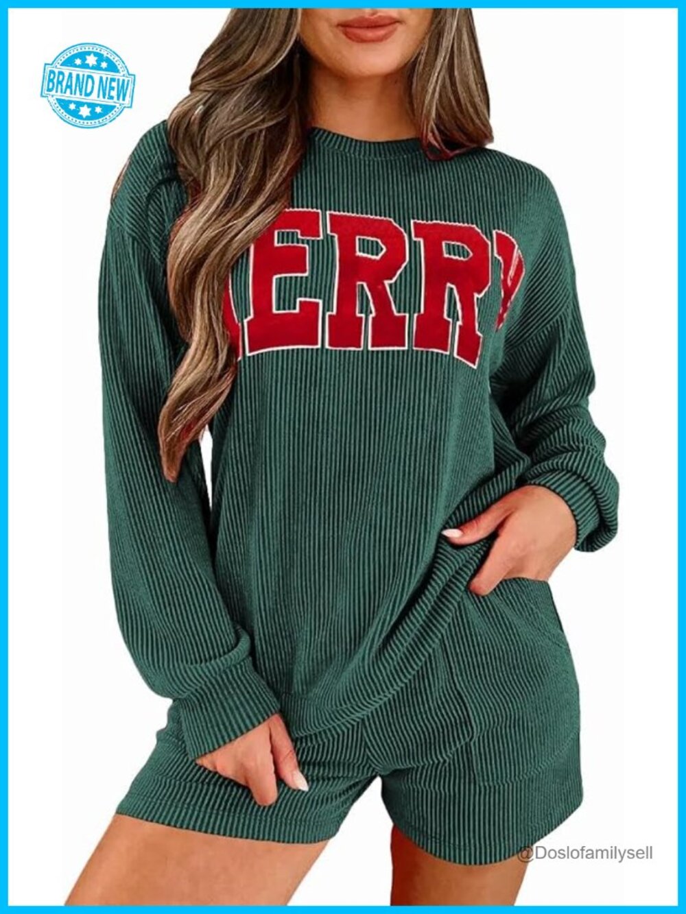 Ribbed Pajama Set Long Sleeve Top and Shorts Lounge Set with Pockets